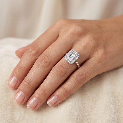 F/VS 1.100 Ct Emerald Diamond Halo Engagement Ring 14k White Gold Lab Grown