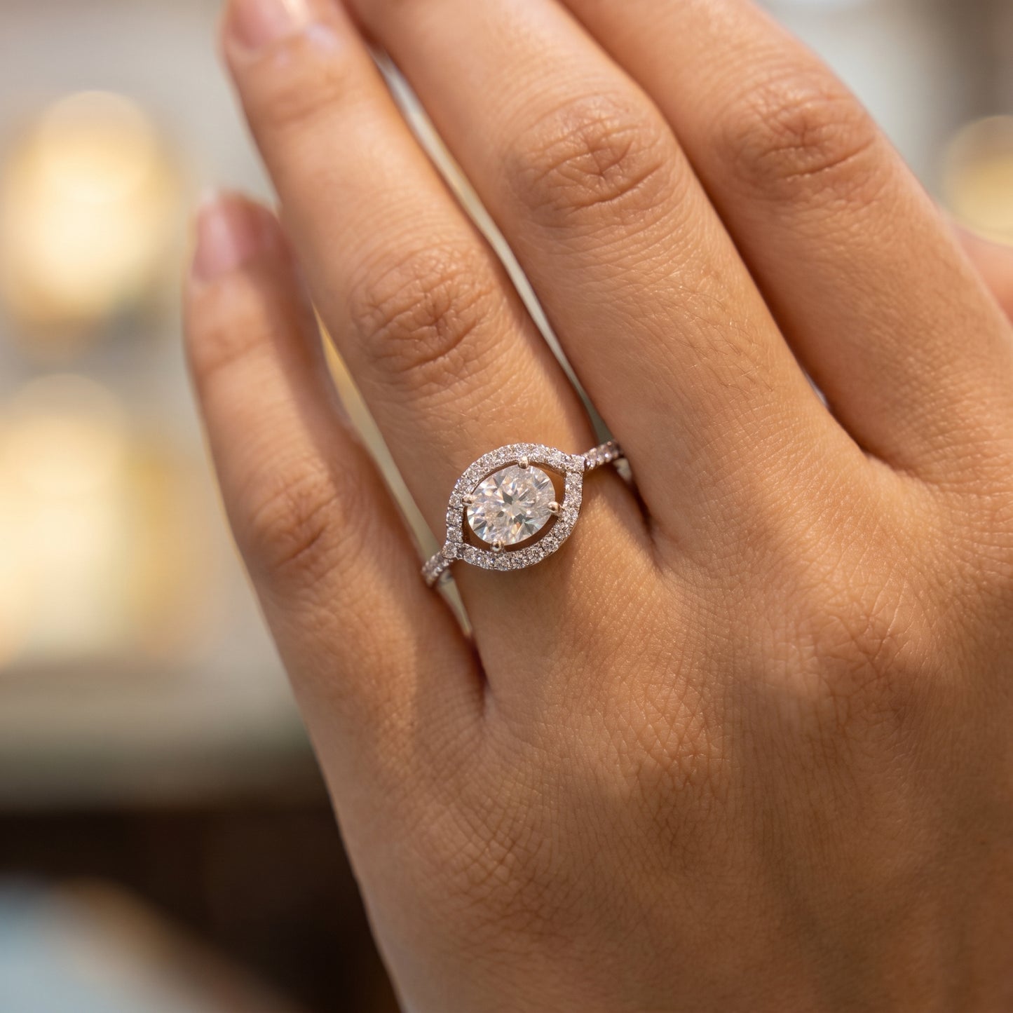 1.30 CT Oval Lab Grown Diamond Halo Engagement Ring, 14K Gold Hidden Halo Ring
