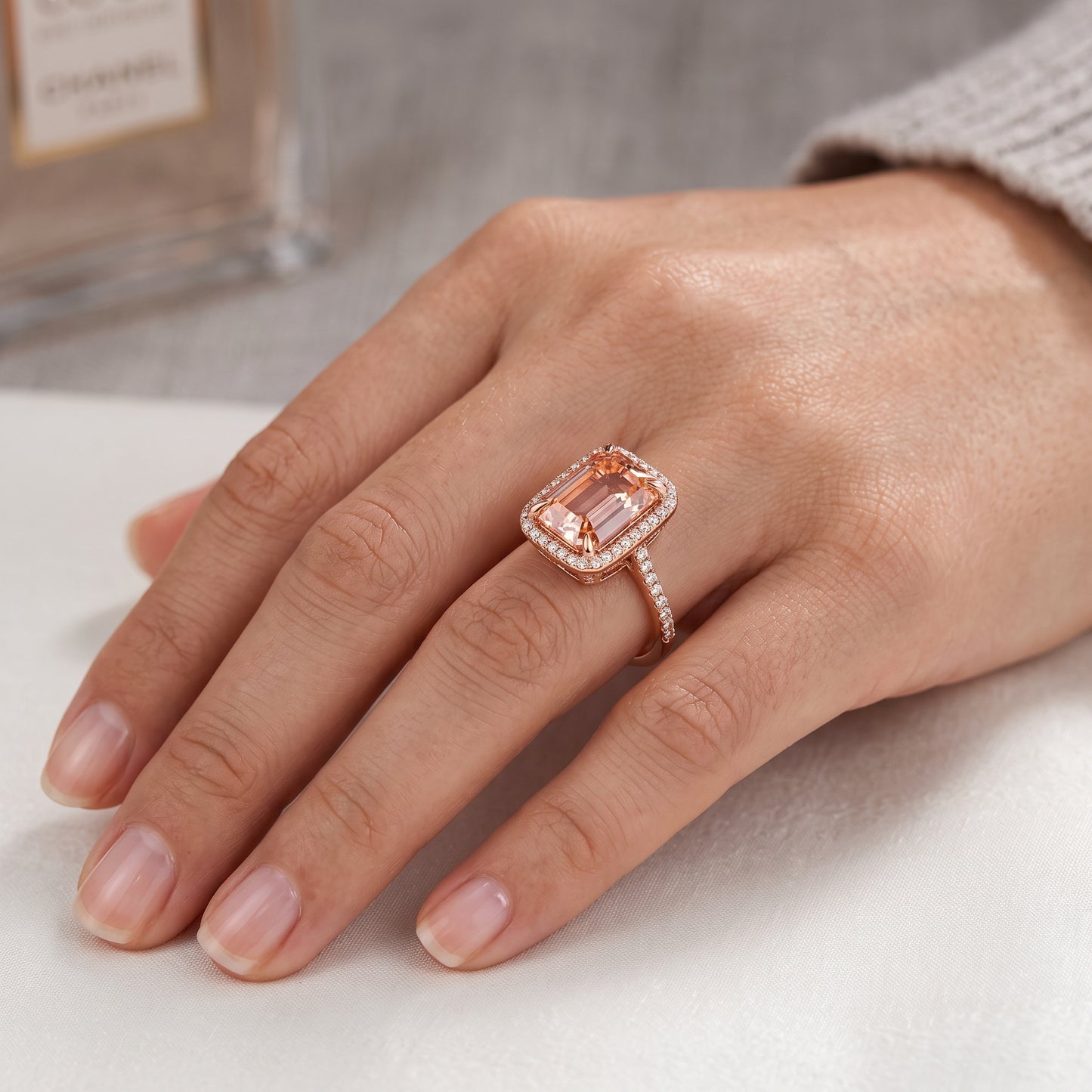 4.00Ct Emerald Cut Halo Ring, Emerald Morganite Ring