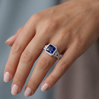 Brilliant 7mm Princess Cut Fancy Blue Lab Created Sapphire Anniversary Female Ring