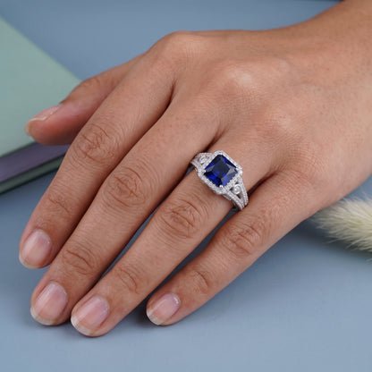 Brilliant 7mm Princess Cut Fancy Blue Lab Created Sapphire Anniversary Female Ring