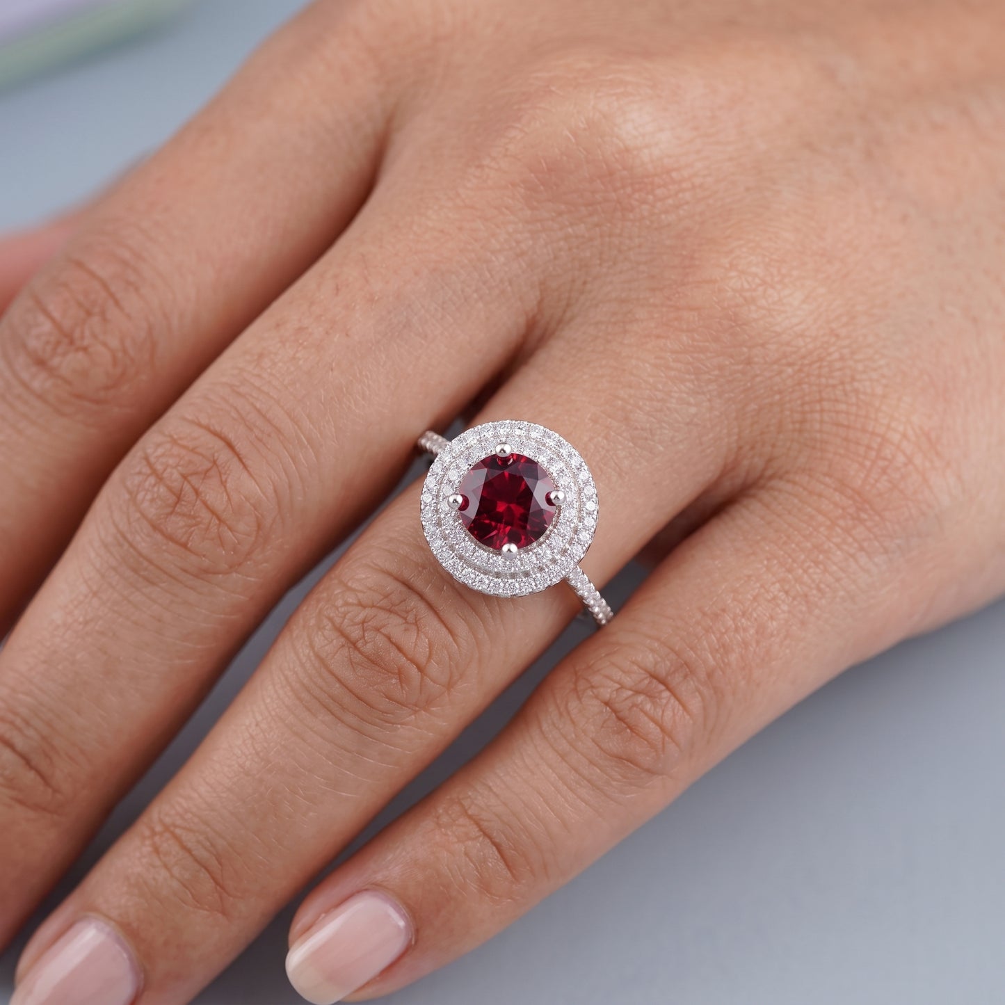 Pink Round Double Halo Engagement Ring