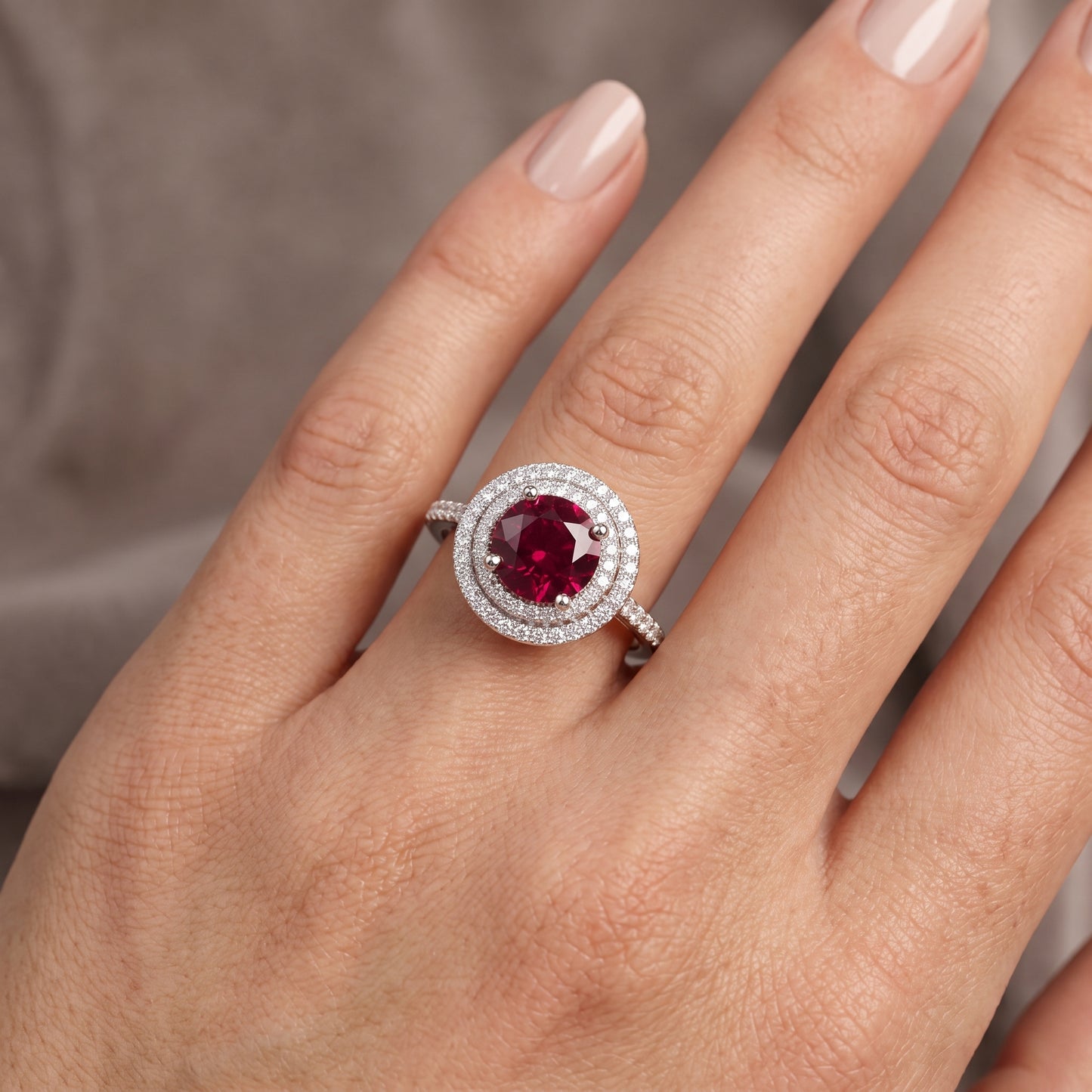Pink Round Double Halo Engagement Ring