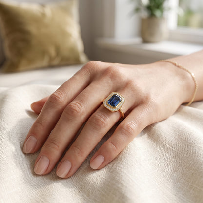 2.00 CT Blue Sapphire Radiant Cut Halo Lab-Grown Engagement Ring