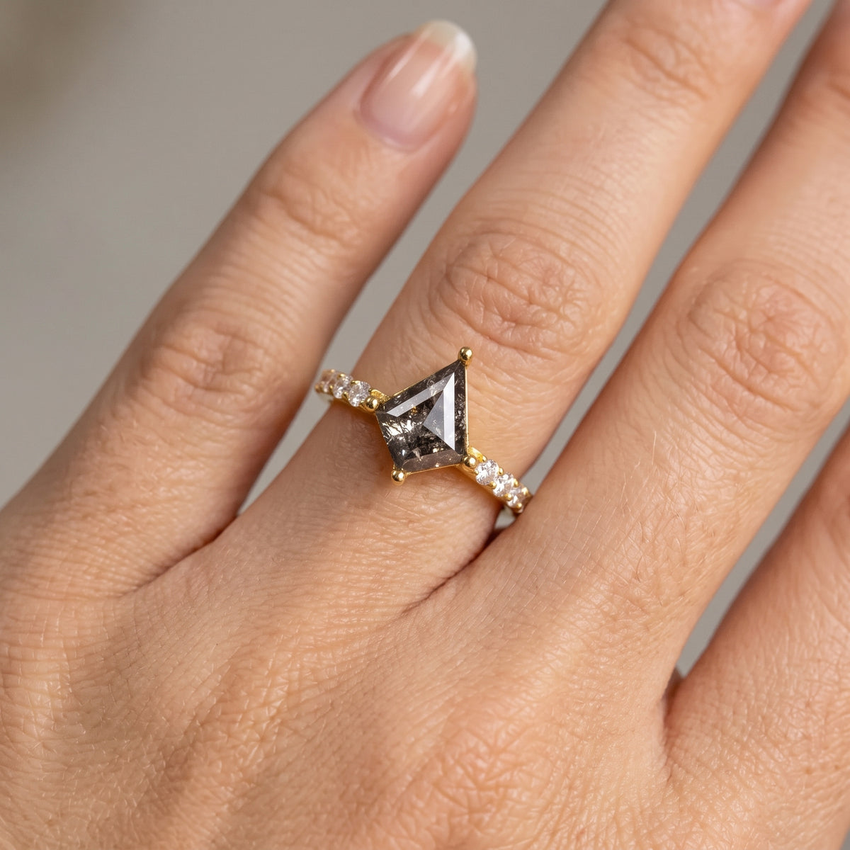 1.29ct Kite cut salt and pepper Engagement Diamond Ring