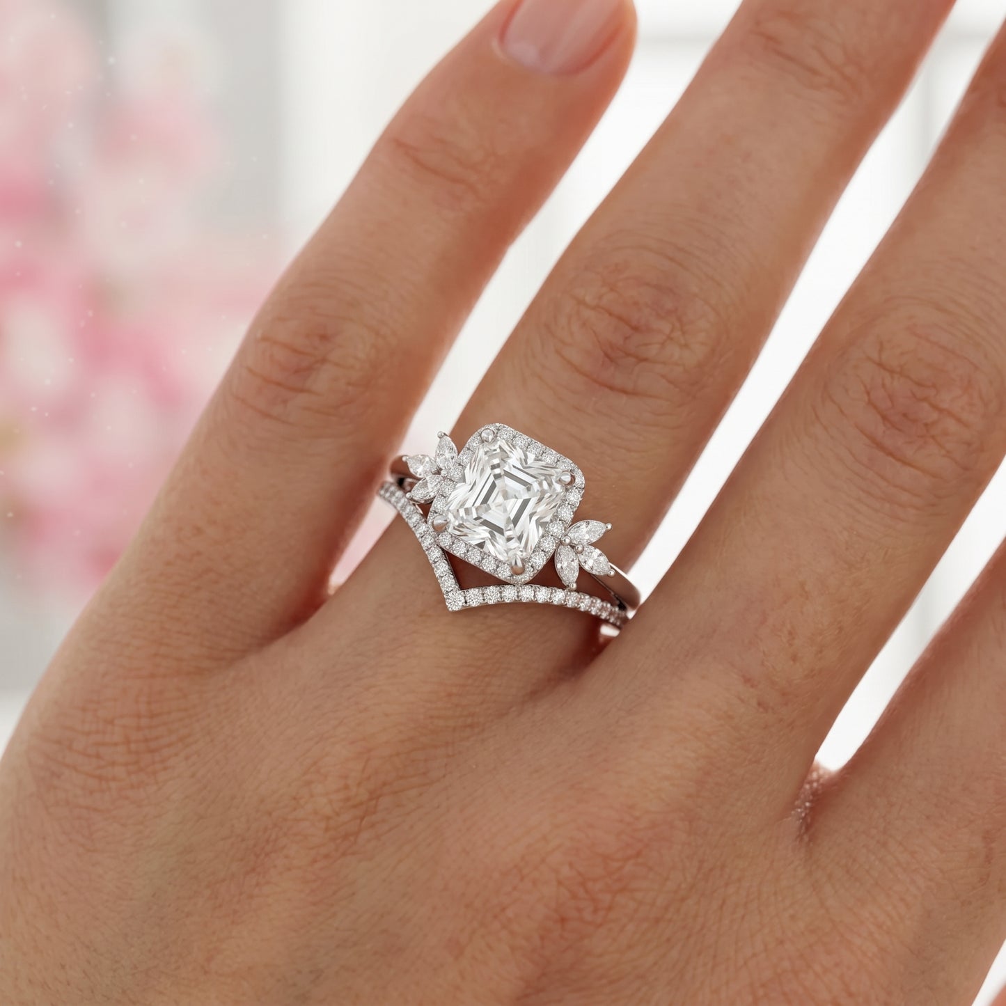 1.80 Ct Asscher Cut Lab-Grown Ring Set with Chevron Band