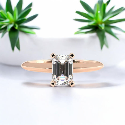 1.00 CT Emerald Cut Lab Grown Diamond Solitaire Engagement Ring 14k Yellow Gold