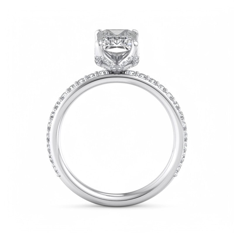 1.5 CT Radiant Cut Lab Grown Solitaire Hidden Halo Half Eternity Engagement Ring