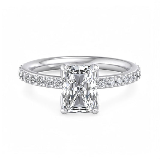 1.5 CT Radiant Cut Lab Grown Solitaire Hidden Halo Half Eternity Engagement Ring