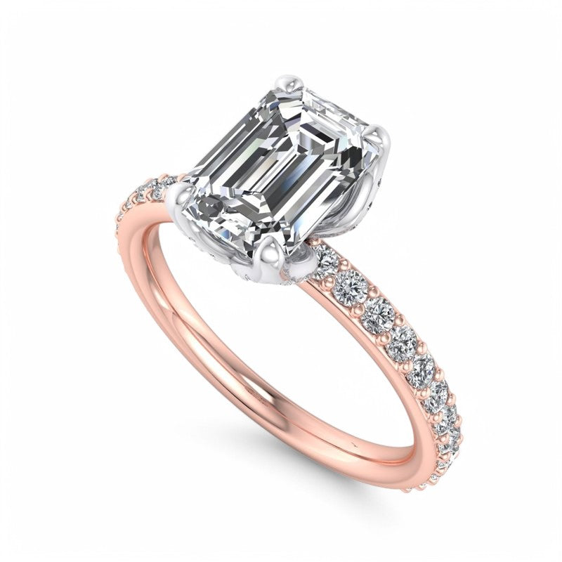 2.0ct Emerald cut  Lab Grown Diamond Solitaire Engagement Ring with Hidden Halo Pave Setting
