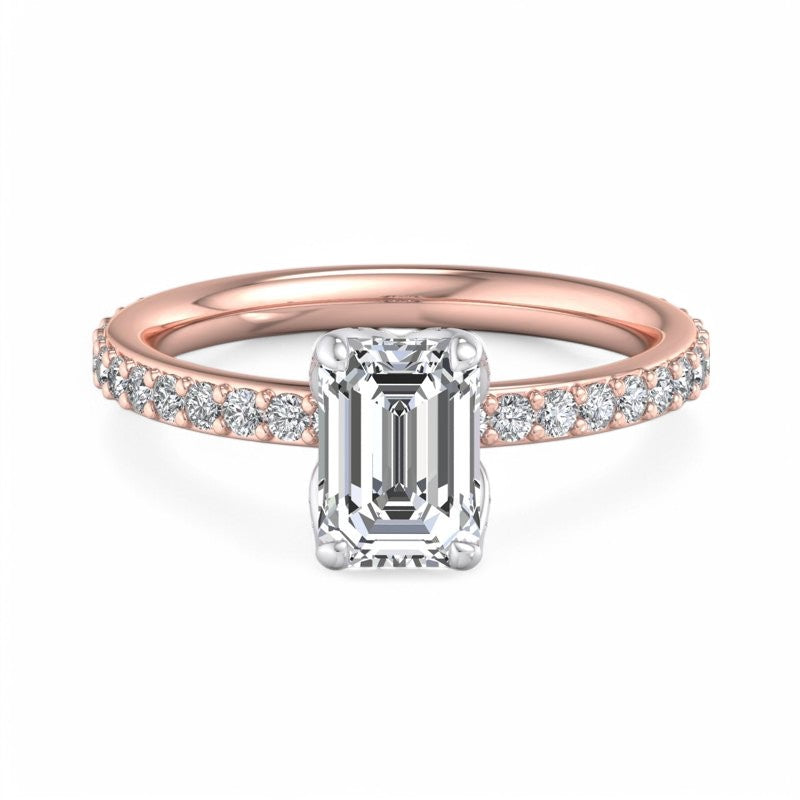 2.0ct Emerald cut  Lab Grown Diamond Solitaire Engagement Ring with Hidden Halo Pave Setting