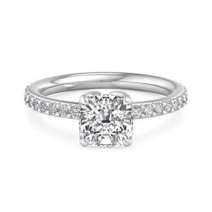 1. 1/4ct Cushion Cut Lab Grown Diamond Solitaire Engagement Ring, Pave Wedding Ring