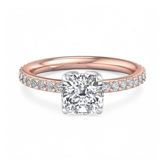 1. 1/4ct Cushion Cut Lab Grown Diamond Solitaire Engagement Ring, Pave Wedding Ring