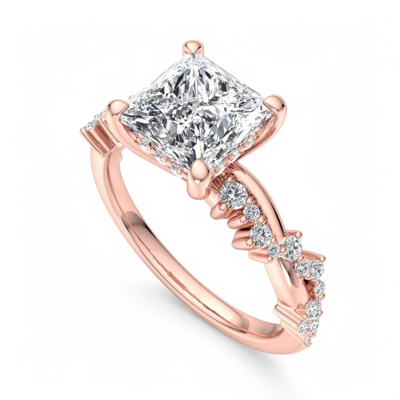 IGI Certified 1.5CT Princess Cut Lab Grown Diamond Twig and Leaf Engagement Ring