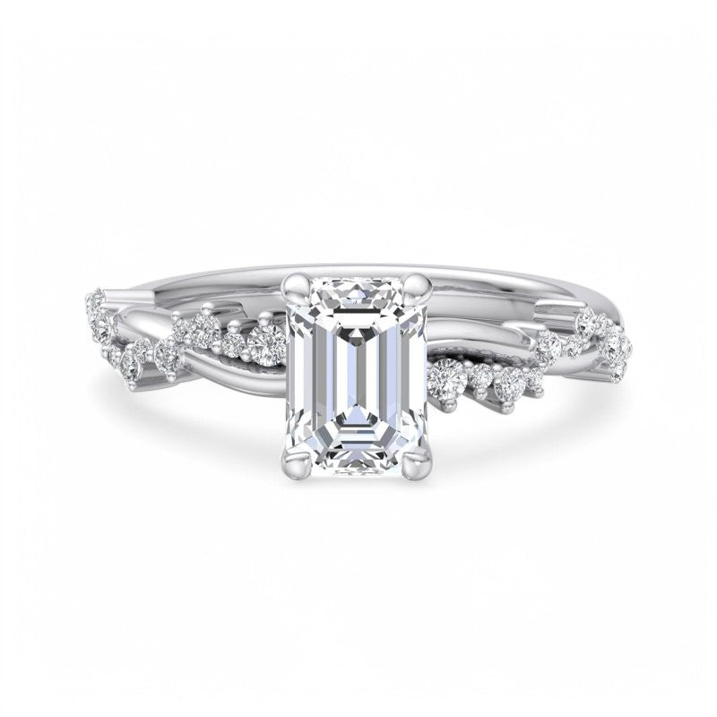 1.50ct Emerald cut  Lab Grown Diamond Twisted Pave Engagement Ring