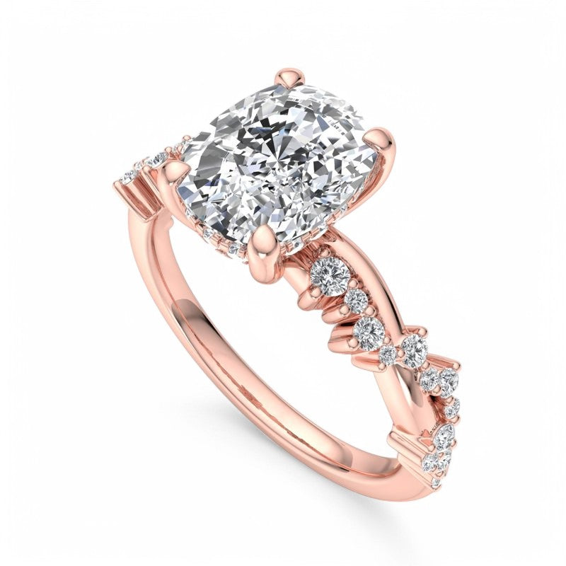 1.650 ct Elongated Cushion Cut Lab Grown Diamond Solitaire Twisted Pave Band Ring