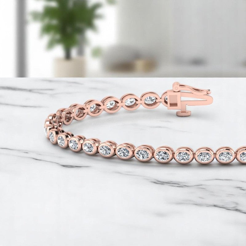 6.00ct Oval Cut Lab Grown Diamond Tennis Bracelet for Women, 14K Rose Gold, Bezel Set