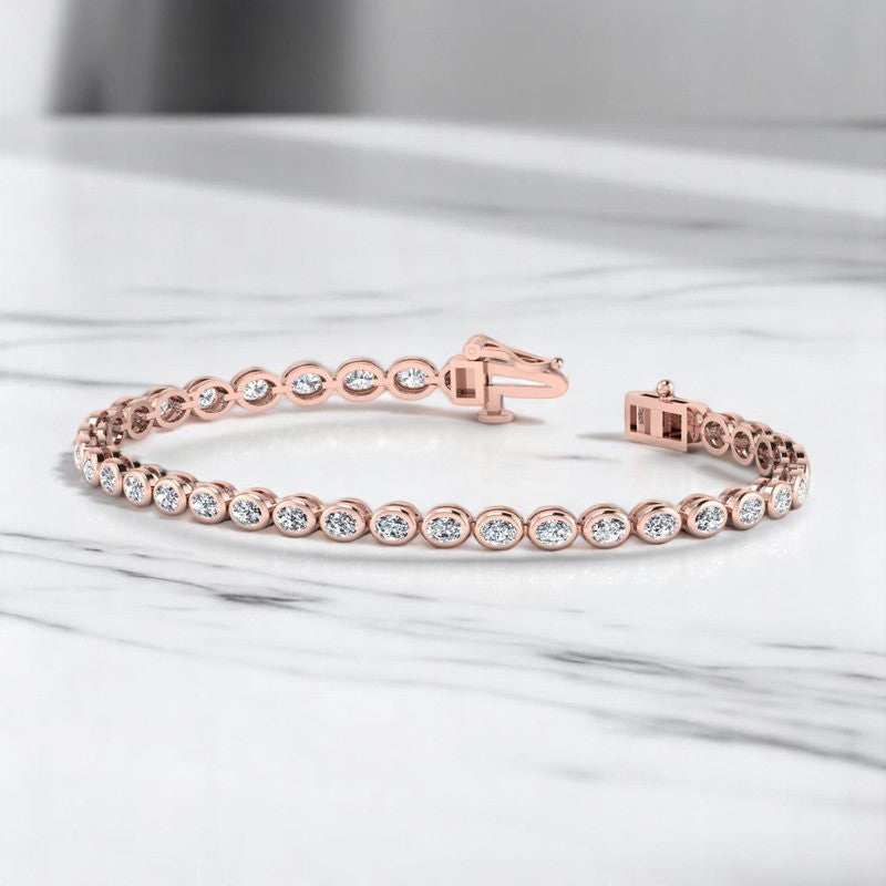 6.00ct Oval Cut Lab Grown Diamond Tennis Bracelet for Women, 14K Rose Gold, Bezel Set