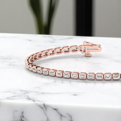 4.00 Ct Emerald Cut Lab Grown Diamond Tennis Bracelet, 14K Rose Gold, Bezel Set Design