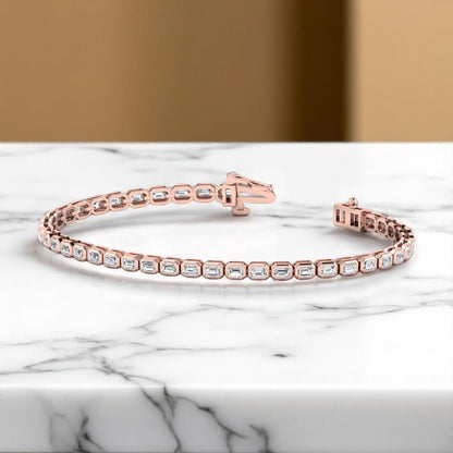4.00 Ct Emerald Cut Lab Grown Diamond Tennis Bracelet, 14K Rose Gold, Bezel Set Design