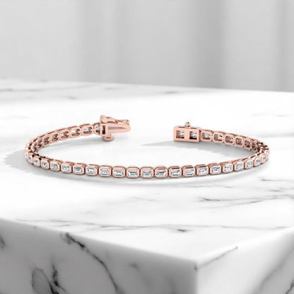 4.00 Ct Emerald Cut Lab Grown Diamond Tennis Bracelet, 14K Rose Gold, Bezel Set Design