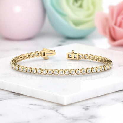 Sustainable Bezel Set 5.00 ct Round Cut Lab Grown Diamond Tennis Bracelet, 14K Yellow Gold