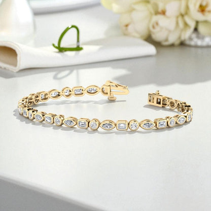 10.00ct Modern Bezel Mixed Shape Lab Grown Diamond Bracelet, 14K Gold