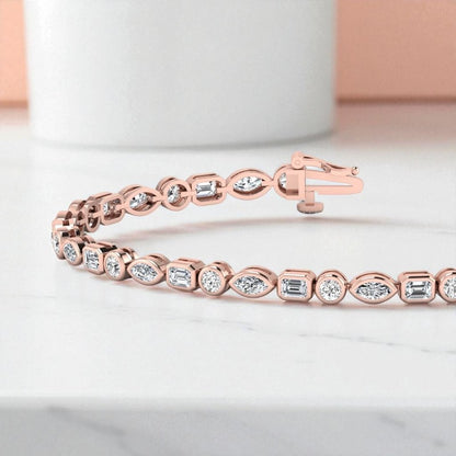 3.00 ct Mixed Cut  Lab Grown Diamond Tennis Bracelet, Bezel Set, 14K Solid Gold