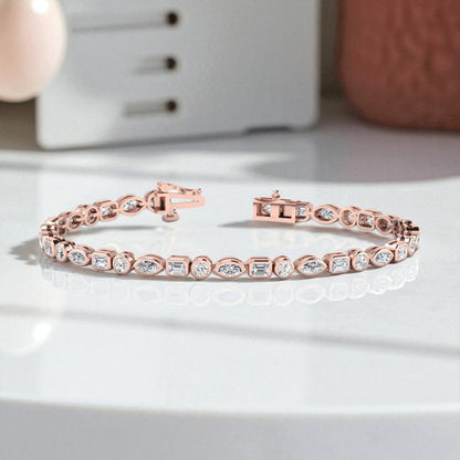 3.00 ct Mixed Cut  Lab Grown Diamond Tennis Bracelet, Bezel Set, 14K Solid Gold