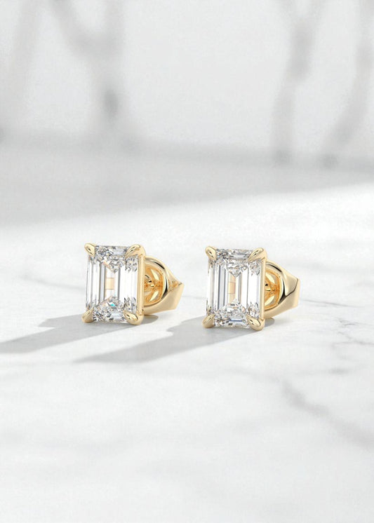 4 Carat  Emerald Cut Lab Grown Diamond Stud Earrings • Classic Solitaire Earrings
