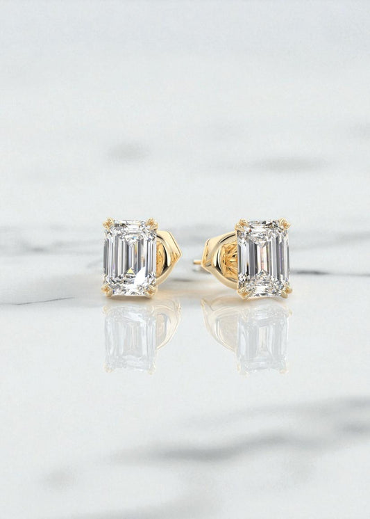 3 Ct Double Scoop Emerald Cut Moissanite Stud Earrings