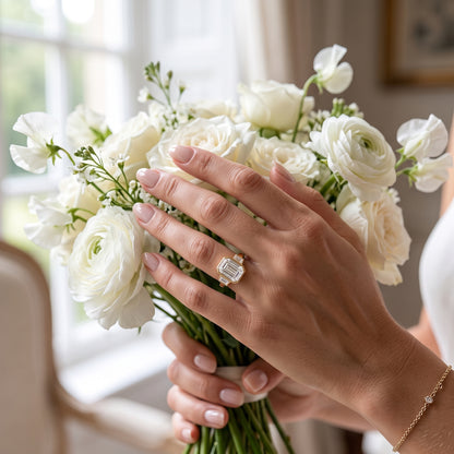 2.06 CT Emerald Cut Lab Grown Diamond Bezel Set Three Stone Engagement Ring