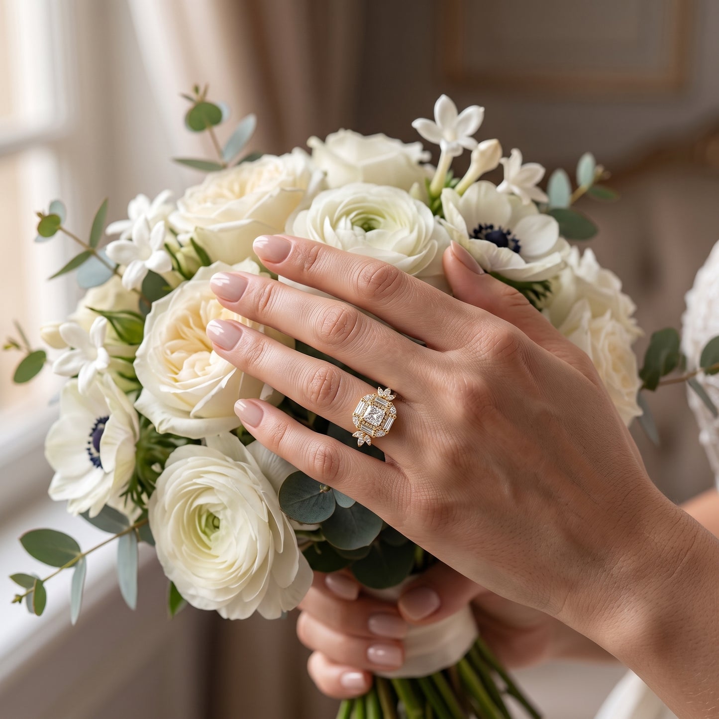 1.20 CT Princess Cut Lab Grown Diamond Floral Halo Engagement Ring, 14K Gold