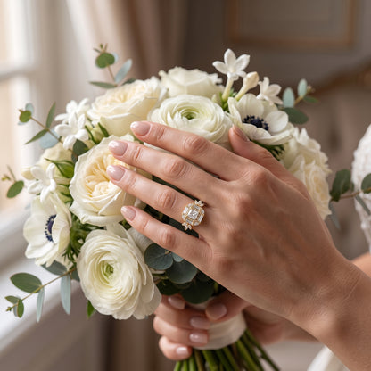 1.20 CT Princess Cut Lab Grown Diamond Floral Halo Engagement Ring, 14K Gold