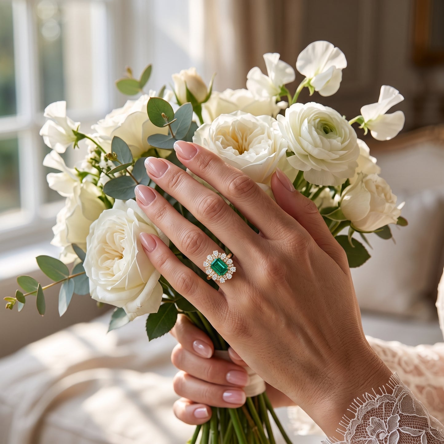 3.80 CT Emerald Cut Emerald Lab Grown Diamond Floral Halo Engagement Ring