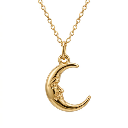 Crescent Moon Face Pendant Necklace, 14K Solid Gold