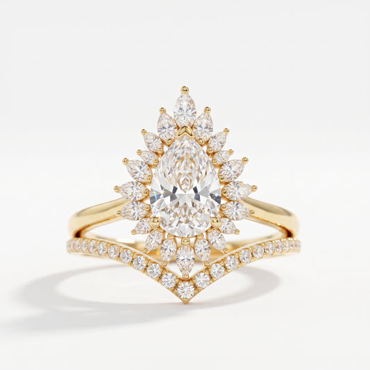 1.80 Ct Pear Cut Floral Halo Lab-Grown Ring Set