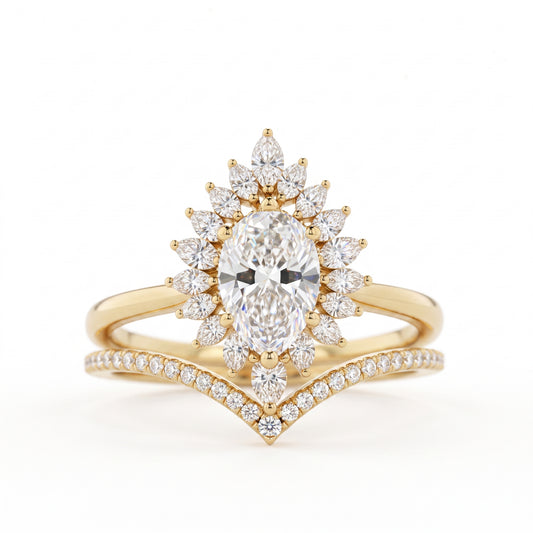1.50 Ct Pear Cut Floral Halo Lab Grown Diamond Engagement Ring Set