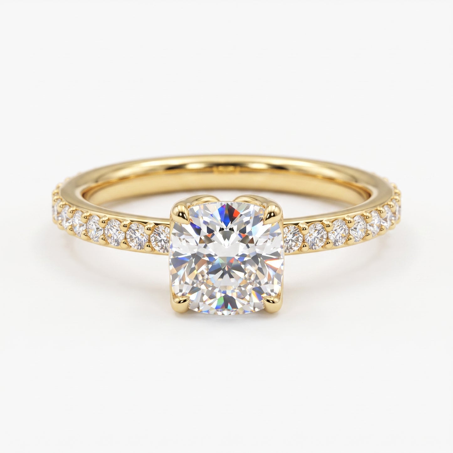 1. 1/4ct Cushion Cut Lab Grown Diamond Solitaire Engagement Ring, Pave Wedding Ring