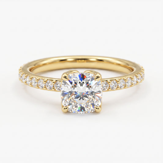 1. 1/4ct Cushion Cut Lab Grown Diamond Solitaire Engagement Ring, Pave Wedding Ring