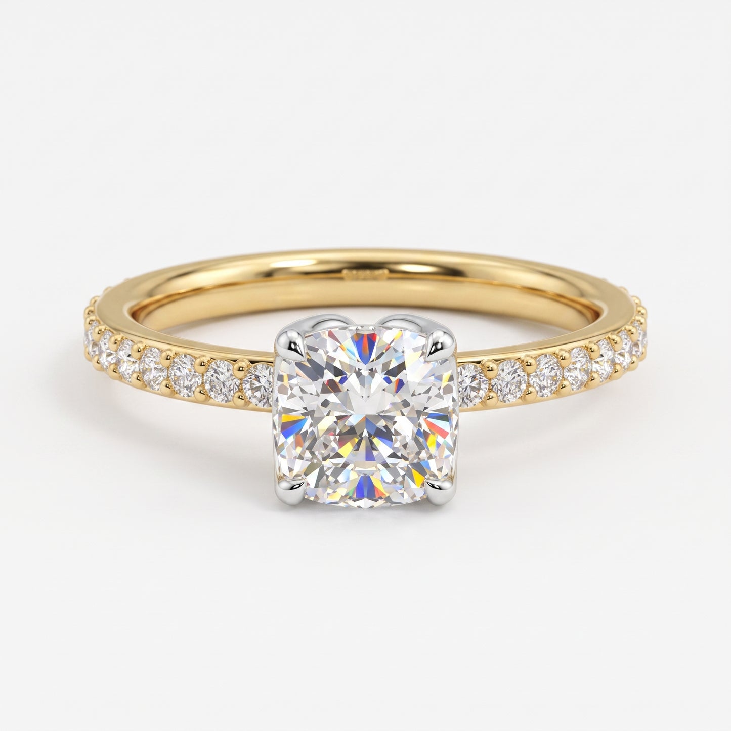 1. 1/4ct Cushion Cut Lab Grown Diamond Solitaire Engagement Ring, Pave Wedding Ring