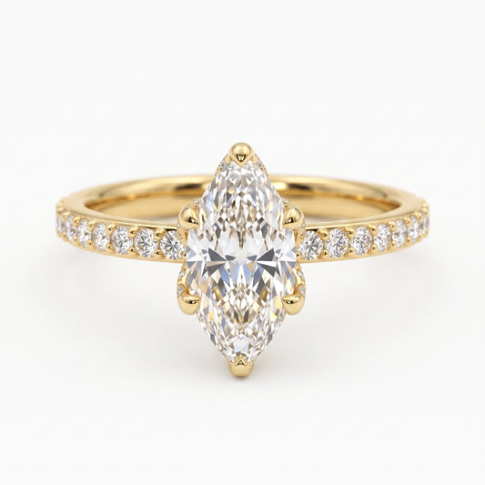 1.650 ct Marquise Cut  Lab Grown Diamond Solitaire Engagement Ring, Pave Wedding Ring