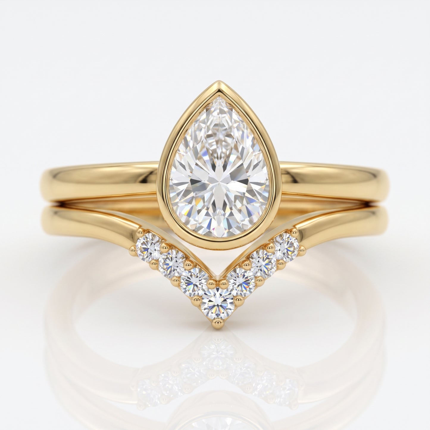 1.10 Ct Pear Cut Lab Grown Diamond Bridal Set – Bezel Engagement Ring