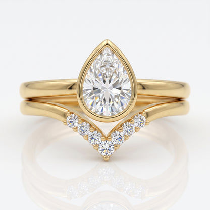 1.10 Ct Pear Cut Lab Grown Diamond Bridal Set – Bezel Engagement Ring