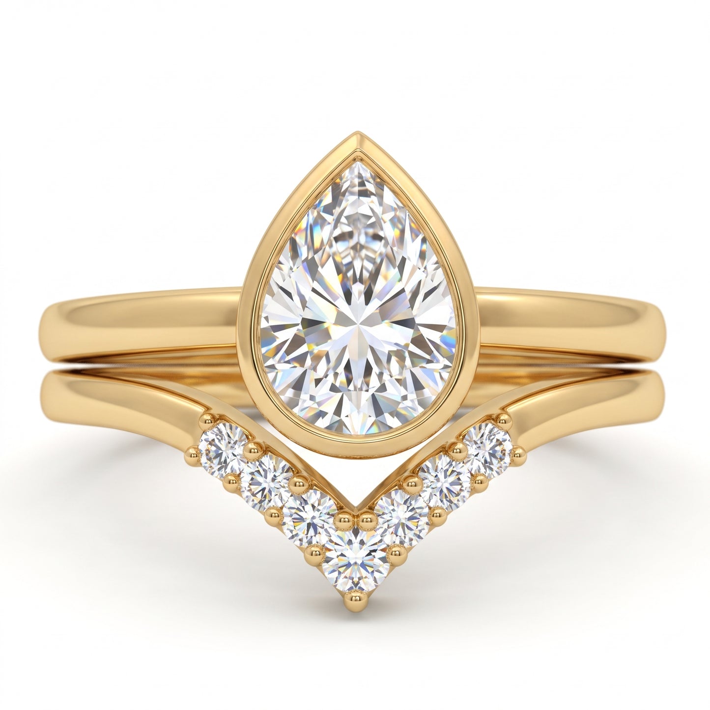 1.10 Ct Pear Cut Lab Grown Diamond Bridal Set – Bezel Engagement Ring