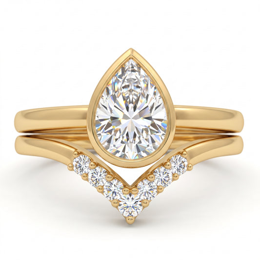 1.10 Ct Pear Cut Lab Grown Diamond Bridal Set – Bezel Engagement Ring
