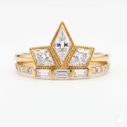 1.20ct Kite Cut Lab Grown Art Deco Three Stone Engagement Ring sets
