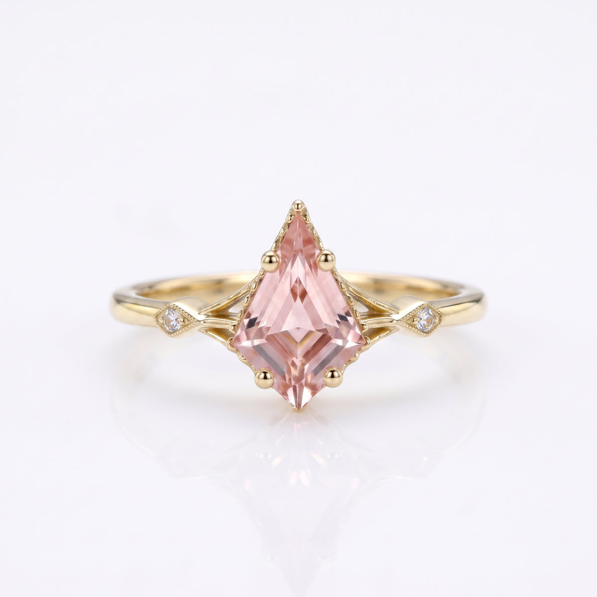 1.35ct Kite Cut Lab Pink Sapphire Engagement Ring • Three Stone Rose Gold Ring