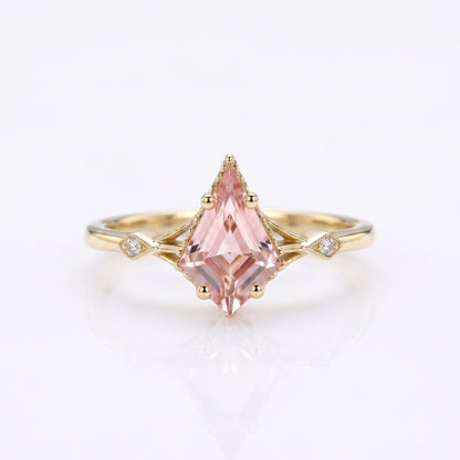 1.35ct Kite Cut Lab Pink Sapphire Engagement Ring • Three Stone Rose Gold Ring