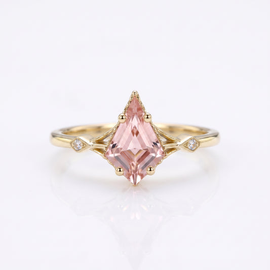 1.35ct Kite Cut Lab Pink Sapphire Engagement Ring • Three Stone Rose Gold Ring